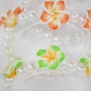 Faux pearl bracelet Hibiscus Flowers glass pearls and  acrylic Orange